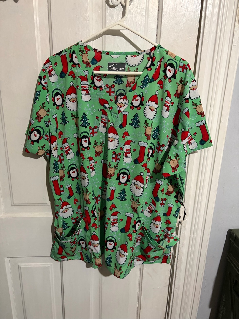 2X Buttersoft Scrubs Green Christmas Top